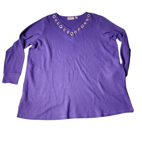 Quacker Factory Shirt Womens Purple Waffle Knit Long Sleeve Rhinestone Rivets 1X - Picture 4 of 9
